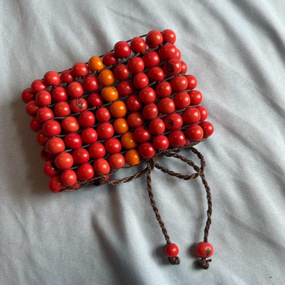 Anthropologie Red Beaded Flexible Cuff Boho Bracelet